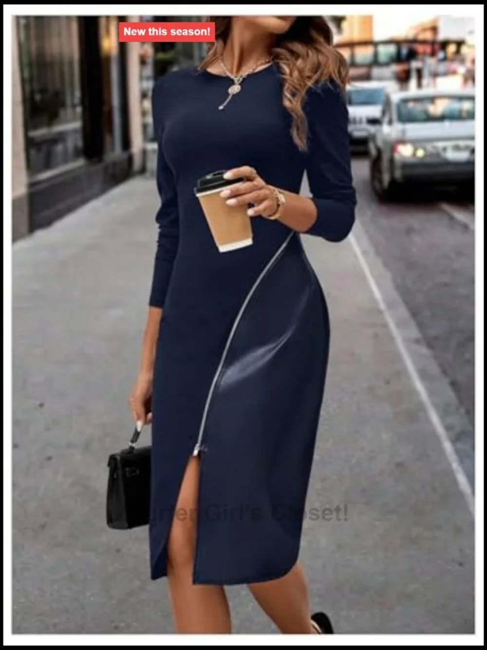 Patchwork Leather Bodycon Dress Long Sleeve Zipper Split Hem